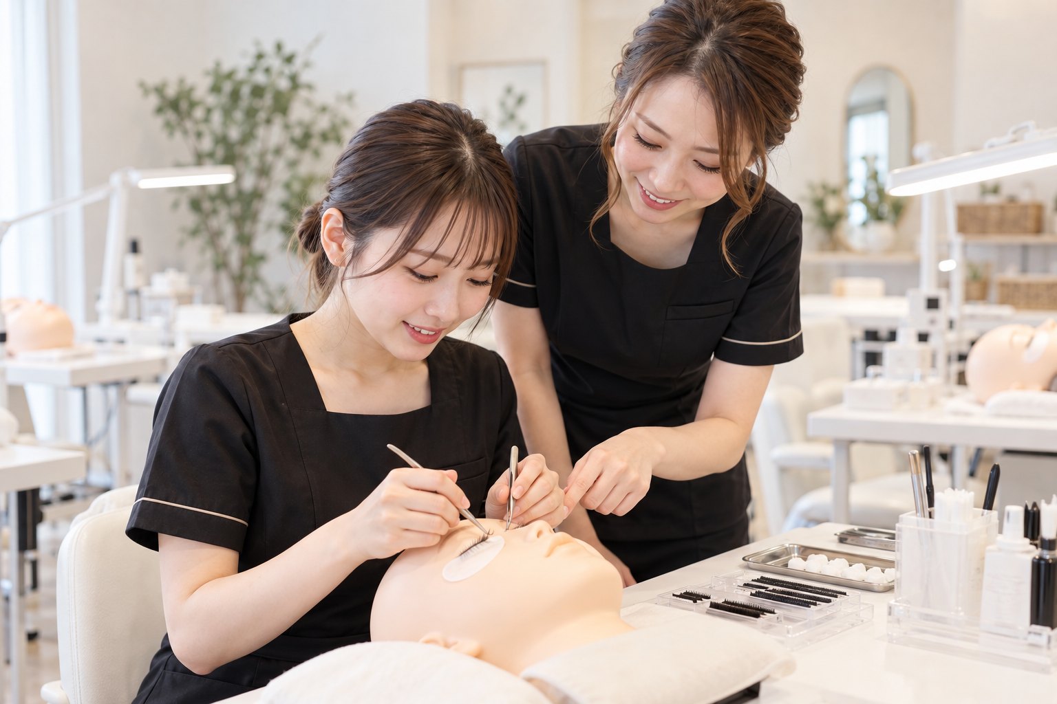 アカデミーでマネキンを使って練習する研修生とトレーナーのイメージ（AI生成画像）